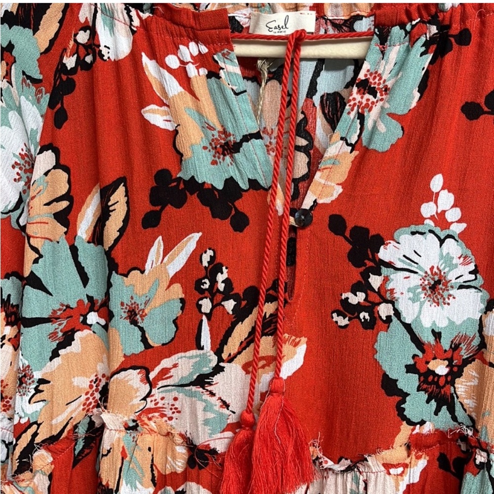 NWT EASEL RED FLORAL DESIGN MIDI TIERED oversized DRESS SMALL COMFY FLOWY NEW - Picture 7 of 11